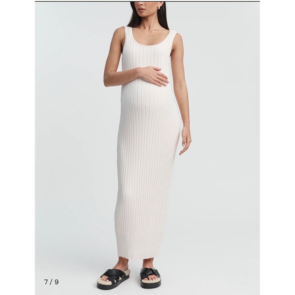 White Ribbed Knit Maternity Maxi Dress Sleeveless Scoop Neck Bodycon Tank Dress - Picture 1 of 12